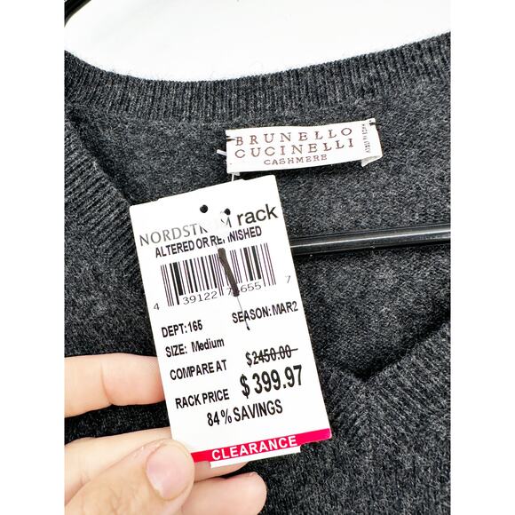 Brunello Cucinelli Men’s Charcoal Gray V-Neck Cashmere Pullover Sweater Size M - Picture 2 of 4